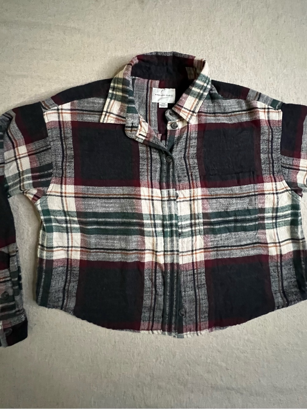 American Eagle Outfitters Plaid Button-Front Shirt in Burgundy, Green & Cream